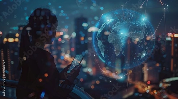 Obraz Visualization of artificial intelligence overseeing a smart city connected globally via mobile internet, managing infrastructure and ensuring safety.