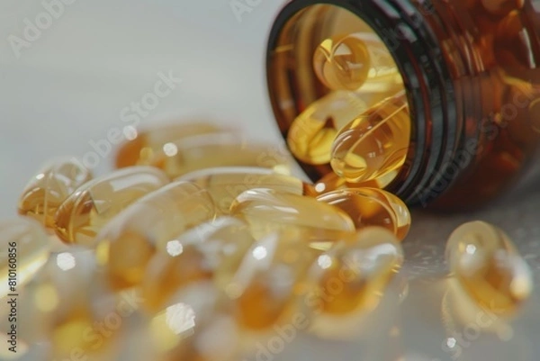 Fototapeta Spilled omega-3 fish oil capsules from bottle