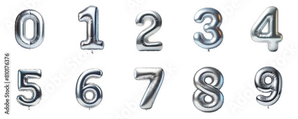Fototapeta 3D Render of silver inflatable foil baloons set. Bright party decoration figures. silver numbers isolated on white background.	
