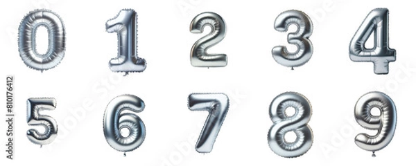 Fototapeta 3D Render of silver inflatable foil baloons set. Bright party decoration figures. silver numbers isolated on white background.	