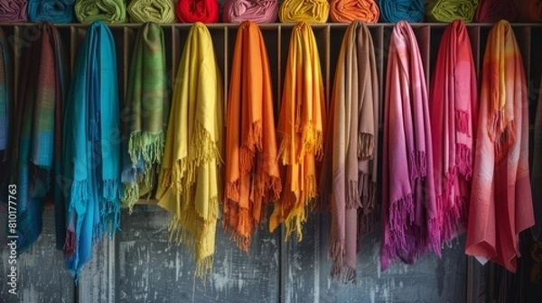 Fototapeta Brightly colored scarves arranged in an organizer, captured in a high-res, cinematic portrait against a muted gray setting, emphasizing color and order