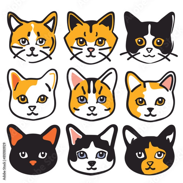 Fototapeta Collection cute cat faces, different breeds fur patterns, cartoon style, pet characters set. Cat expression icons, feline heads colorful graphic, isolated white background animal designs. Nine