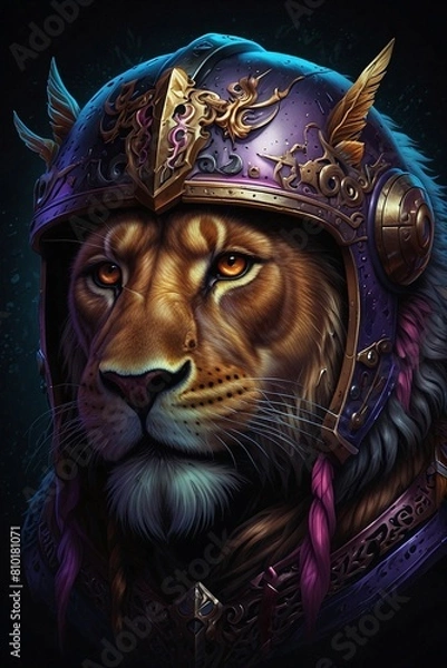 Fototapeta Echoes of the Shadow Realm: Symmetrical Portrait of a Lion in Ornate Bat-Winged Helmet, Embracing Dark Fantasy with Violet and Pink Vibrant Tapestry Elements