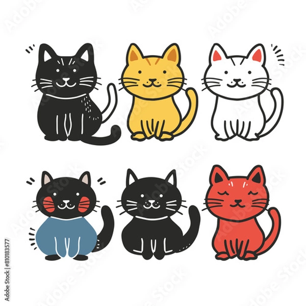 Fototapeta Six cute cartoon cats, various colors, smiling, sitting, happy felines. Doodle style kittens, playful, friendly, animal mascots, childrens book characters. Handdrawn pet illustrations cheerful