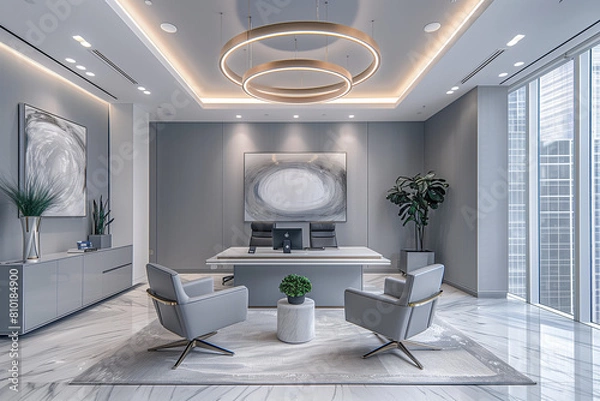 Fototapeta Modern office in NYC skyscraper, designed with minimalist principles, ergonomic furniture, neutral grey palette, and brushed steel textures