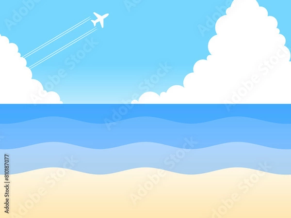 Fototapeta グラデーション空と海と飛行機と積乱雲背景B：青