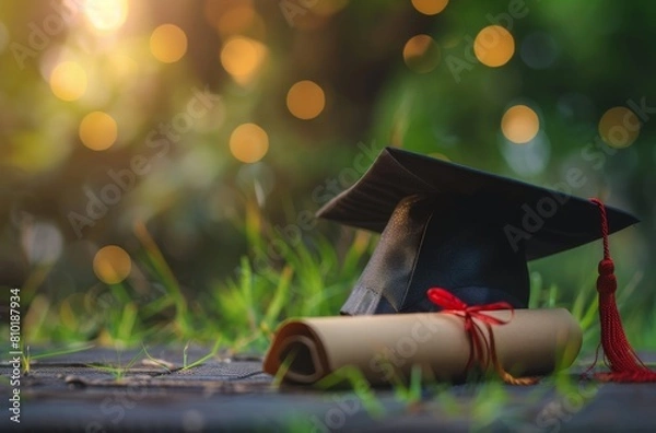 Obraz Graduation Cap and Diploma on Grass