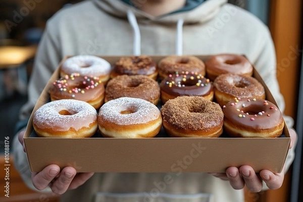 Obraz close up , hand holding a box of donuts
