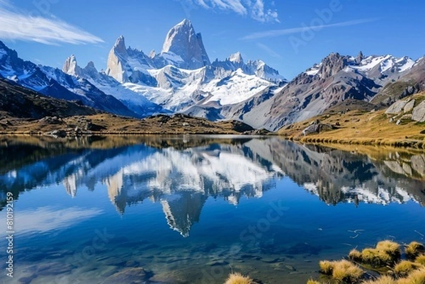 Fototapeta A tranquil mountain lake surrounded by snow-capped peaks, reflected in the mirror-like surface of the water, with a sense of serenity in the air