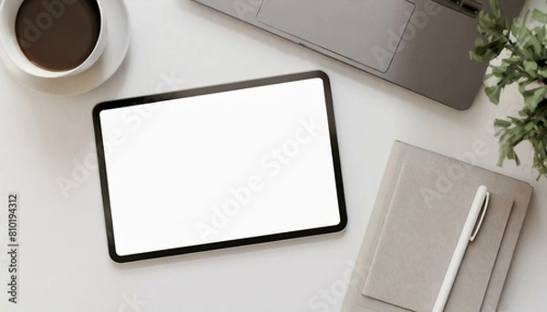 Fototapeta Tablet on Table with Decoration - Tablet Mockup for Application Presentation, Web Design or User Interface Design - Template for Representation and Presentation of Design