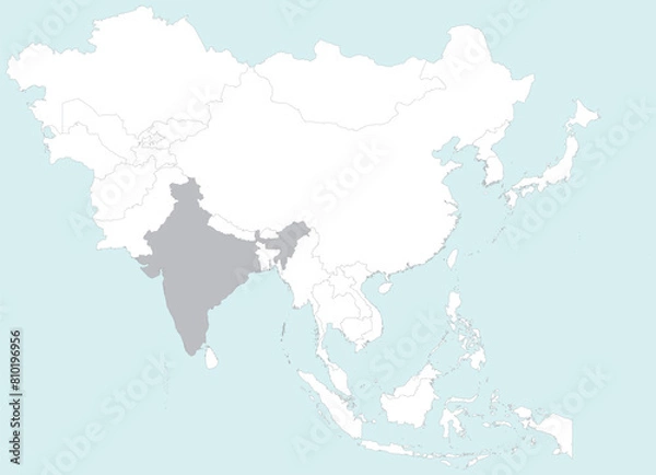 Fototapeta Highlighted grey map of INDIA inside white detailed blank political map of Asia on blue background, without the Middle East and Russia