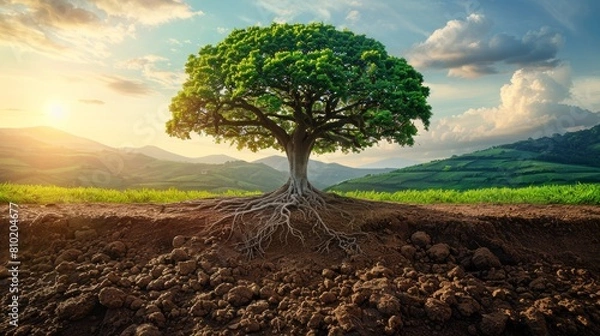 Fototapeta Majestic tree with exposed roots at sunset