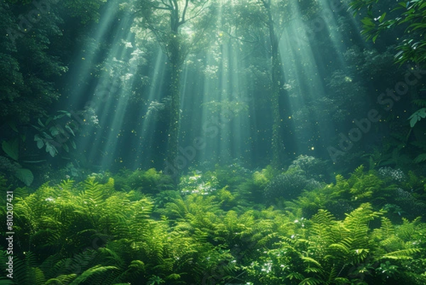 Fototapeta A verdant forest carpeted with emerald foliage, sunlight filtering through the canopy and dappling the forest floor with specks of gold. Concept of rejuvenation and tranquility. Generative Ai.