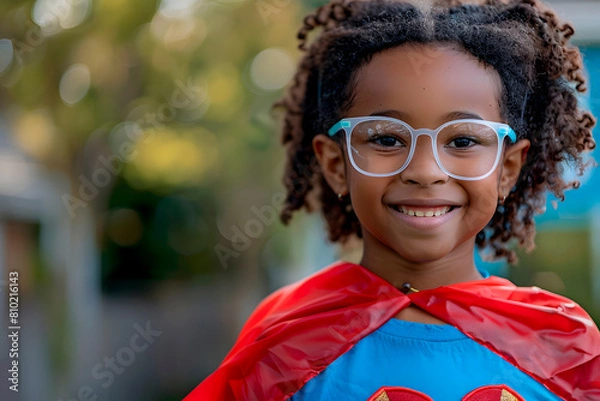 Fototapeta Portrait of an African-American girl dressed as a superhero looking at the camera. Generative Ai.