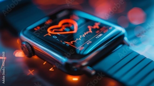 Fototapeta Close-up of a smartwatch displaying heart rate and other vital health data on its screen.