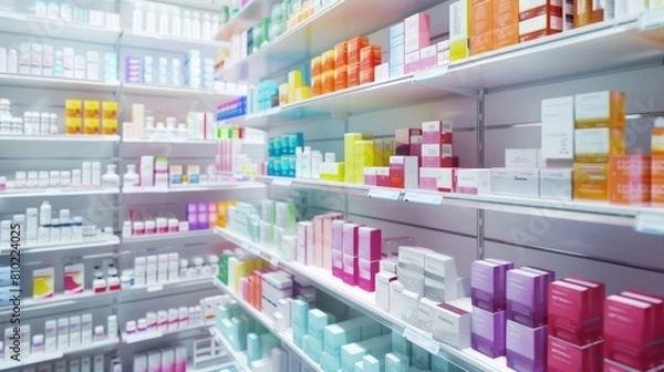 Obraz Neatly arranged drugstore shelves filled with assorted medicine boxes.