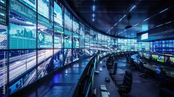 Fototapeta Expansive command center with panoramic screens displaying global financial and traffic data.