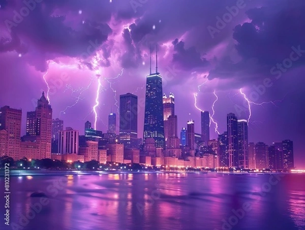 Fototapeta Experience the breathtaking scene of a lightning storm illuminating the cityscape with a captivating purple glow. Witness the fusion of natural power and urban beauty in this mesmerizing display