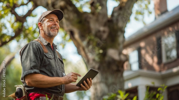 Fototapeta Professional landscape arborist technician using a tablet on the outdoor job site, green service industry worker integrating with technology