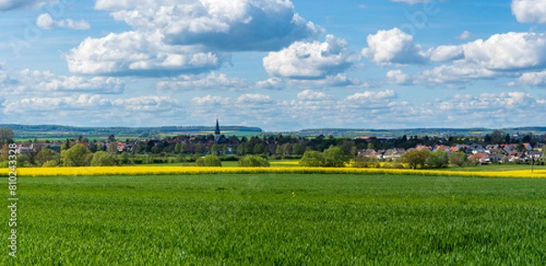 Obraz Blick auf Echzell mit blühendem Rapsfeld