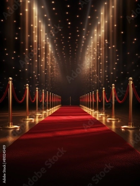 Obraz Red carpet in the light of golden spotlights. award and VIP party. velvet carpet. award and victory in cinema or music