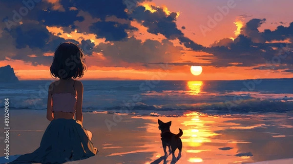 Fototapeta Girl and a little dog looking at the sunset landscape on the beach orange sky and clouds Generative Ai