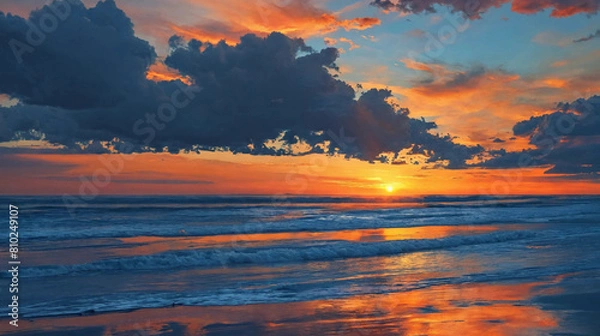 Fototapeta Sunset landscape on the beach, orange sky and clouds Generative Ai