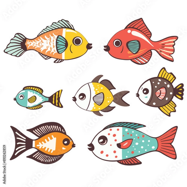 Fototapeta Colorful cartoon fish illustration isolated white background. Set tropical fish various patterns vibrant colors. Graphic design childrens book underwater sea life animals
