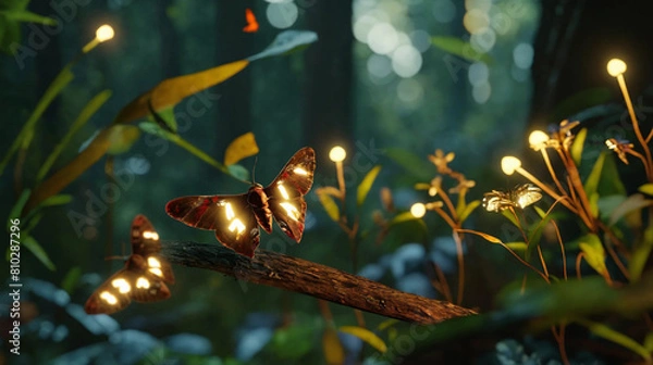 Fototapeta Beautiful butterfly with fireflies in a forest Generative Ai