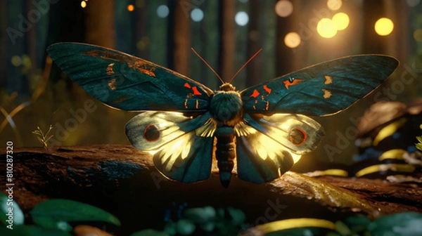 Fototapeta Beautiful butterfly with fireflies in a forest Generative Ai