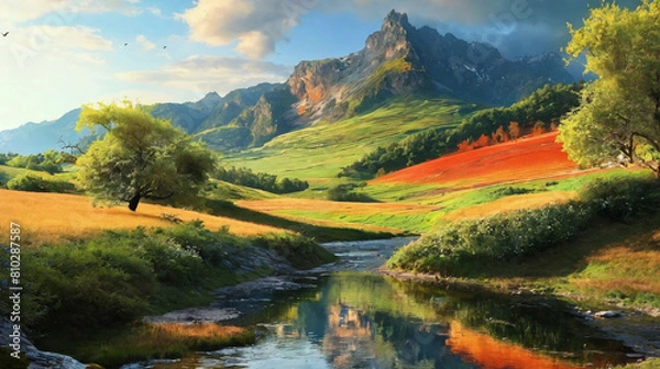 Fototapeta Landscape of beautiful fields and mountains and rivers Generative Ai
