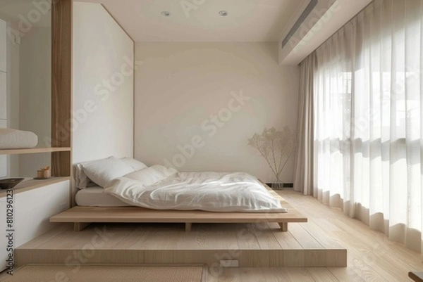 Fototapeta Minimalist bedroom with a low platform bed, soft linens, large windows, and warm wood accents for a serene atmosphere