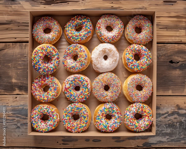 Fototapeta A box full of sprinkles donuts on a rustic wooden table. Overhead Shot. 