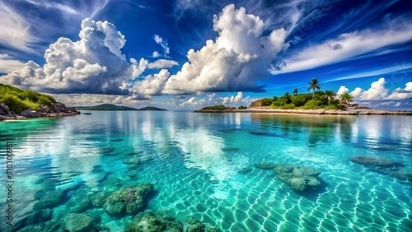 Fototapeta A stunning tropical landscape with crystal clear waters, fluffy clouds, and lush greenery under a bright blue sky