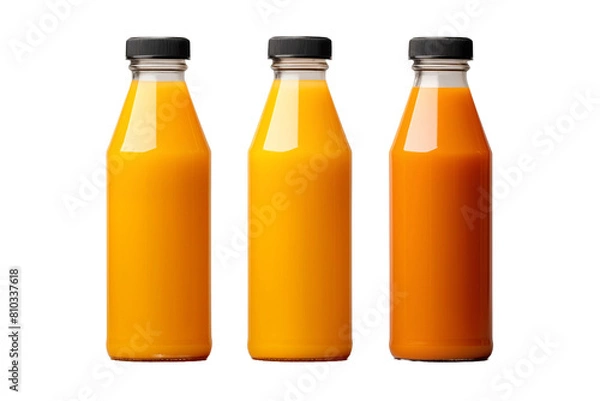Fototapeta Three orange juice bottles with black caps