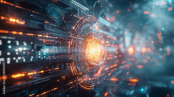 Fototapeta The image is a glowing orange and blue circuit board with a bright light in the center