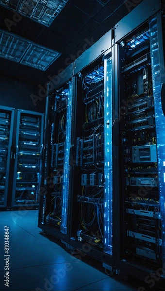 Fototapeta Data server rack hub room with big data computer center