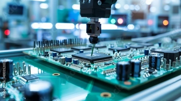 Obraz A close-up of a robotic arm installing a component on a circuit board. The arm is moving with incredible precision, and the component is being placed perfectly. 