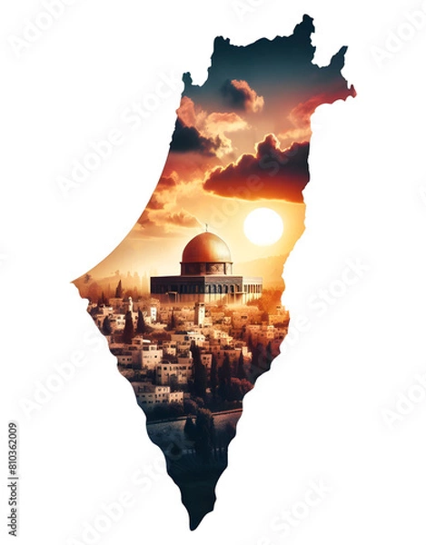 Obraz Silhouette of a Palestine map with a sunset in the background and Inside the map is the Dome of the Rock and Al Aqsa Mosque. Palestine Map illustration