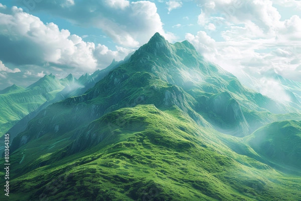 Obraz beautiful green mountain with a big peak, blue sky, soft lighting, fantasy landscape, cinematic, hyper realistic, super detailed, photography, --ar 125:83 Job ID: b566a78d-fd9f-4cea-b287-d3a4314a04bd