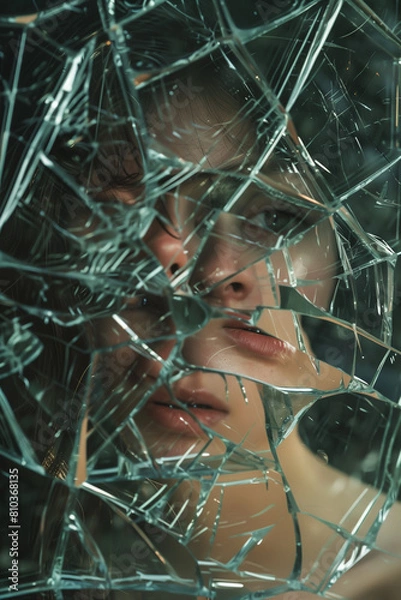 Fototapeta Woman's reflection in broken mirror