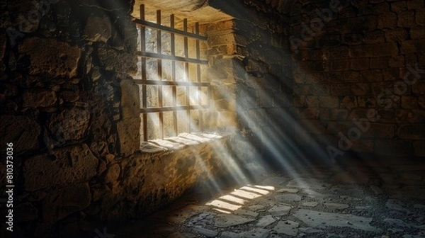 Fototapeta An ancient castle dungeon, with a close-up view of a light beam shining through a barred window, revealing cobblestones and rough walls