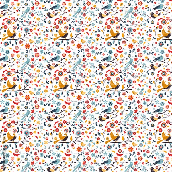 Fototapeta Cute seamless pattern with birds and flowers, colorful, suitable for cover patterns, such as gift covers and wall backgrounds