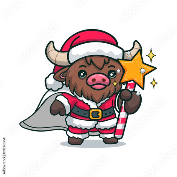 Fototapeta Cute bison in santa uniform holding magic wand with stars, for Christmas celebration. bull in xmas costume, funny stickers for advertising, and creative content