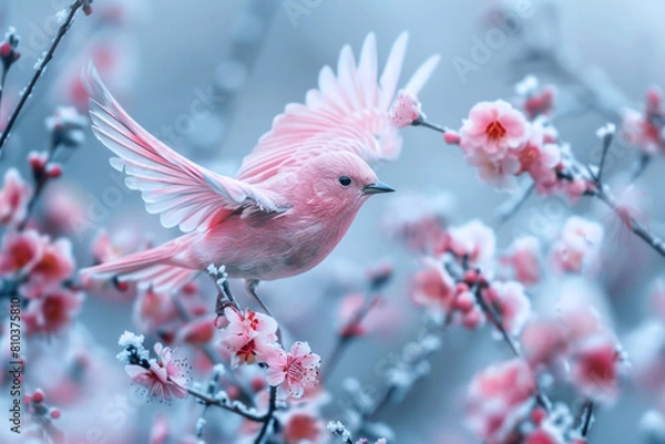 Fototapeta A pink bird flying away from twigs in the wild, wildlife template