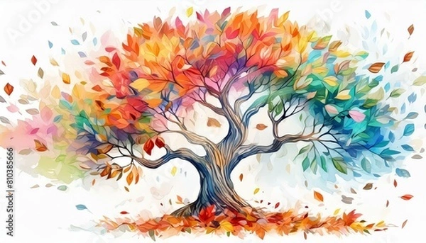 Fototapeta Beautiful tree with colorful leaves, watercolor on canvas, white background, large canvas, wall painting