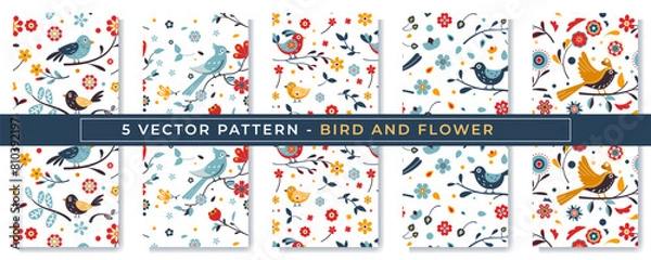 Fototapeta 5 Cute seamless pattern with birds and flowers, colorful, suitable for cover patterns. 5 pack pattern.