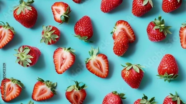 Obraz Studio-lit close-up of whole and sliced strawberries creating a playful pattern, contrasting beautifully against a bright Stream Blue Calm backdrop