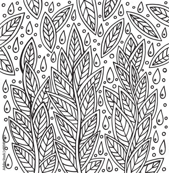 Obraz Floral doodle line art pattern with summer rain drops. Trippy boho coloring page for adults. Vector artwork