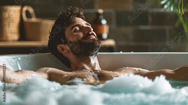 Fototapeta Handsome bearded man relaxing in bathtub with foam at home